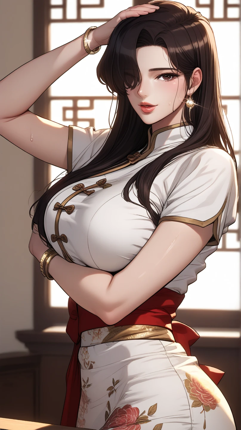 Sexy woman, black hair tied in a bun, smokey eyes, eyeliner, blushing intensely, fairest skin, plump face, soft lips, gold blouse, white saree with gold borders, pinned against a wall