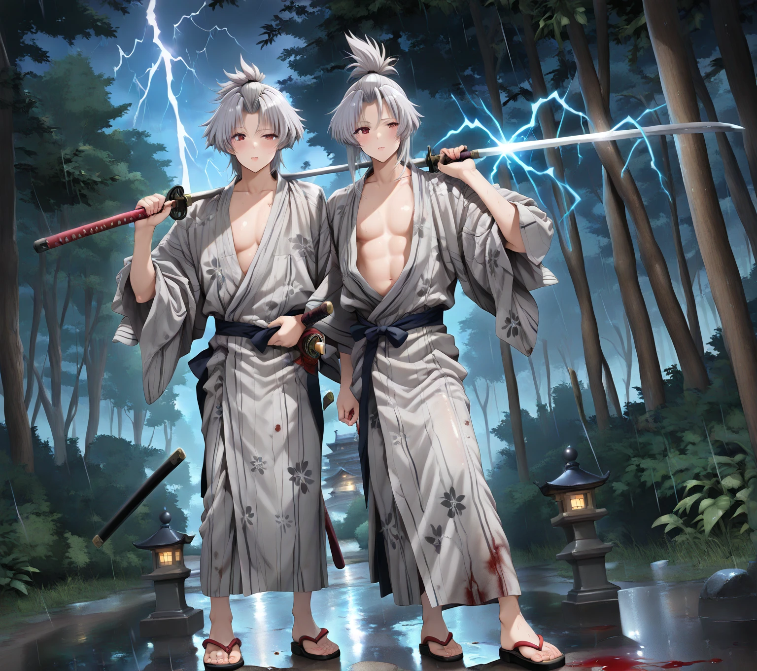 The Yakuza, Standing in a spacious traditional Japanese-style room, A man,Strong and handsome 35-year-old man, Black super short hair, trimmed beard, Very masculine face shape, Wide face, Evil expression, Tall stature, (((Bleak white complexion, The body is covered with delicate and gorgeous Japanese tattoo designs, 耳Nipple Ring, Wear a simple gold necklace, Floral print white shirt, Black suit pants, Silver leather shoes))), natural light in room, Strong contrast between light and shadow, ((Extremely dark environment)), Look down at the camera, Cinematic full-lens camera, (high detal:1.8), (Camera FS), (Full shot), Art style, (((perfect bodies, Perfect face, Perfect eye))), dangerous, bad-ass, Epic, Male, Anime style, Vector illustration, ((by Ghibli Studio)), Makoto Shinkai, (com rosto detalhado:1.8), (Cool colors, Ultra-low saturation)