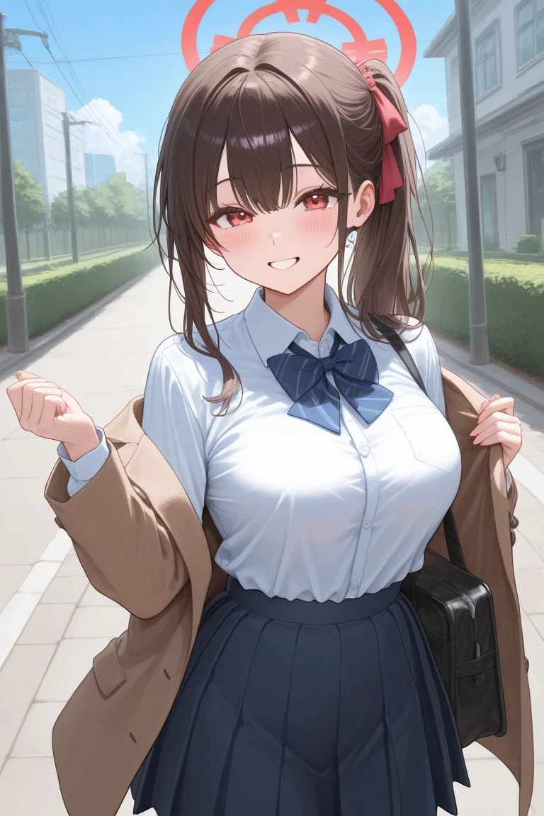 Highest quality, masterpiece, High resolution, 一人w, {Ryujo_Fleet Collection:1.15}, brown_hair, Tww tails, brown_eye, magwama, visor_cape, His posts, length_hair, smile, Open_mouth, one person, Bell, hw, Lookwg_w_Audience, bag, santa_Costumes, santa_hw, animal_hw, cw_hw, Handbag, white_Handbag, shikigami, skirt、(Huge breasts:1.4)