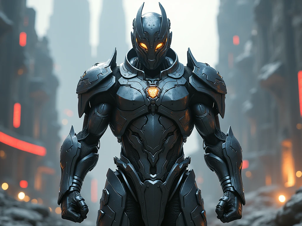 Warrior with metallic mask and penetrating gaze, futuristic background