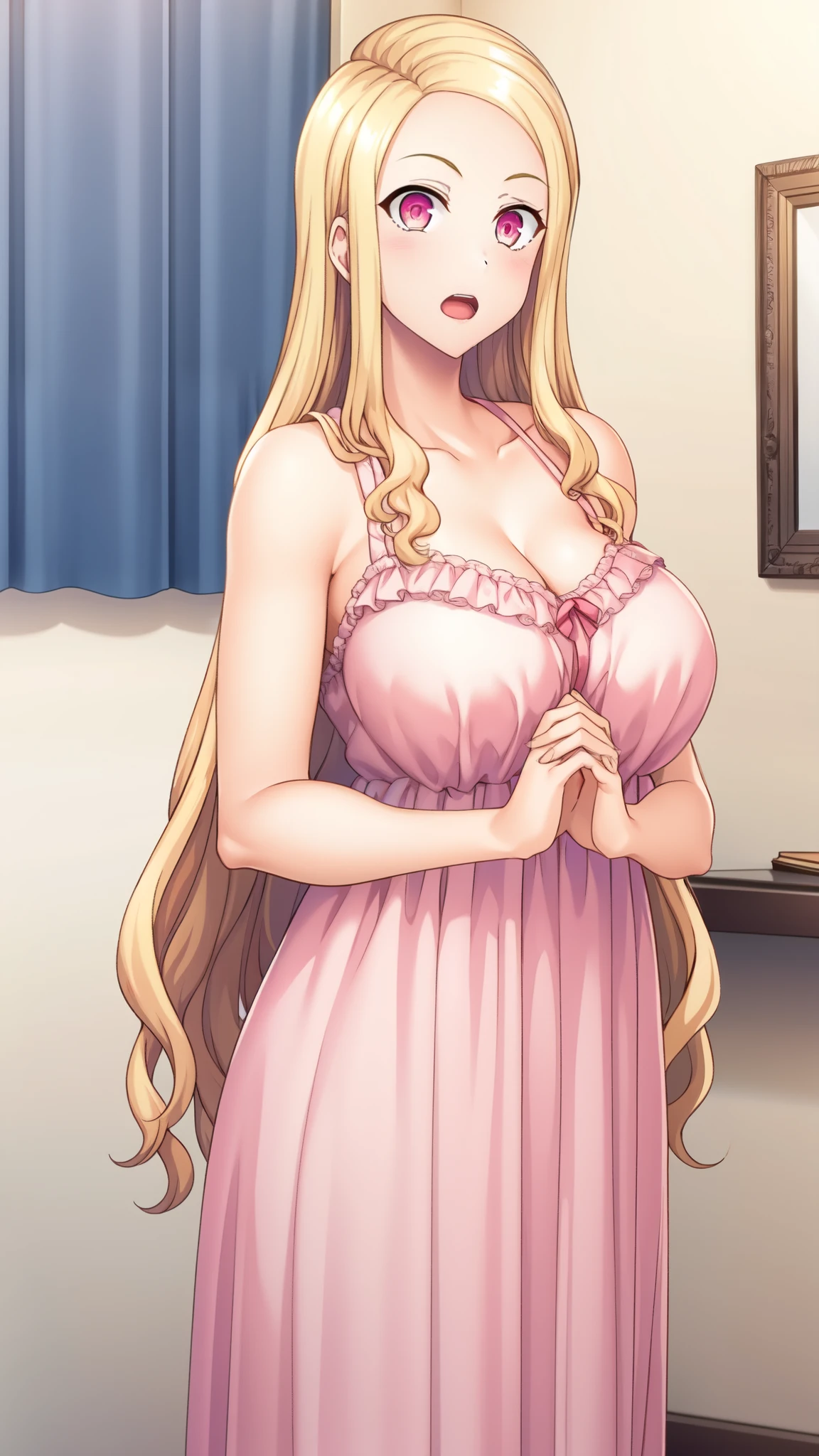 Sefiria, who has big breasts and beautiful legs, is standing in a dress-like outfit that emphasizes her breasts.。