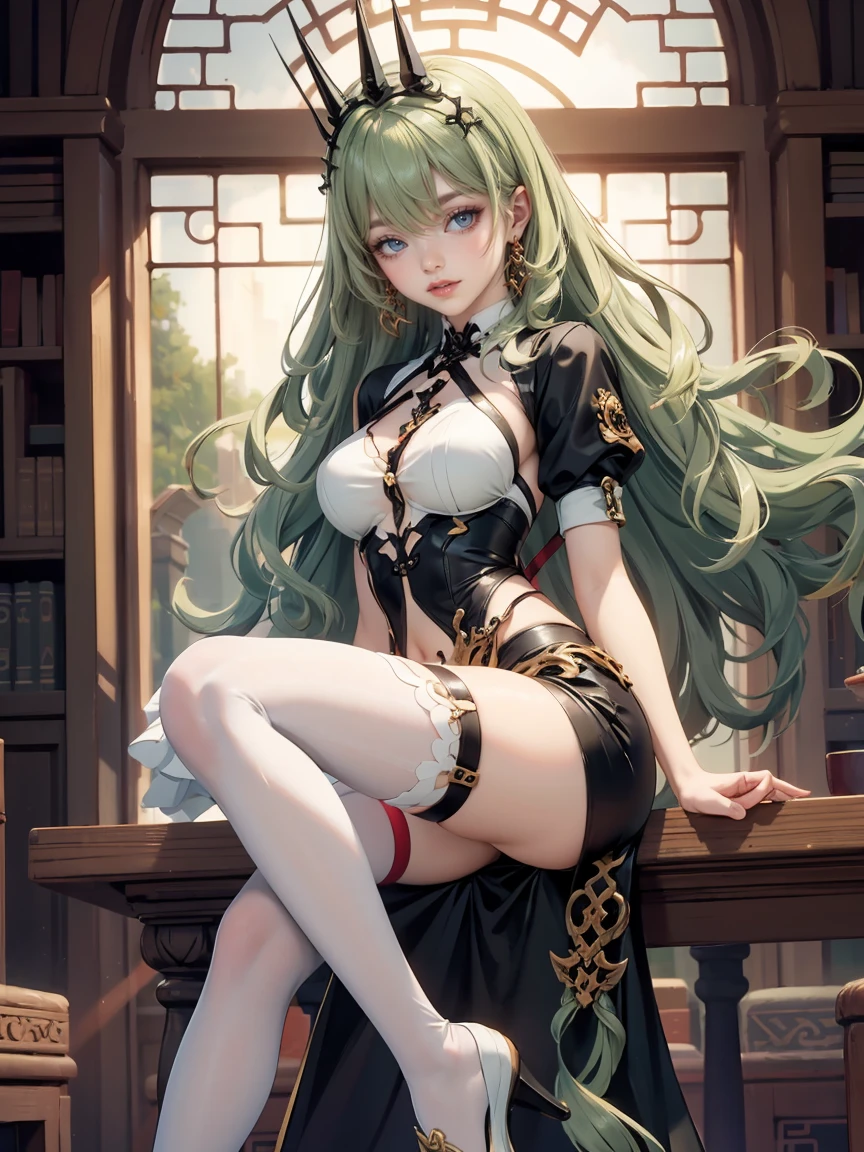 Best quality, green hair, small breasts, cleavage, navel, t-shirt, ((bra)),clothes lift, skirt, lying, full Body, perfect body ,sitting, armpit