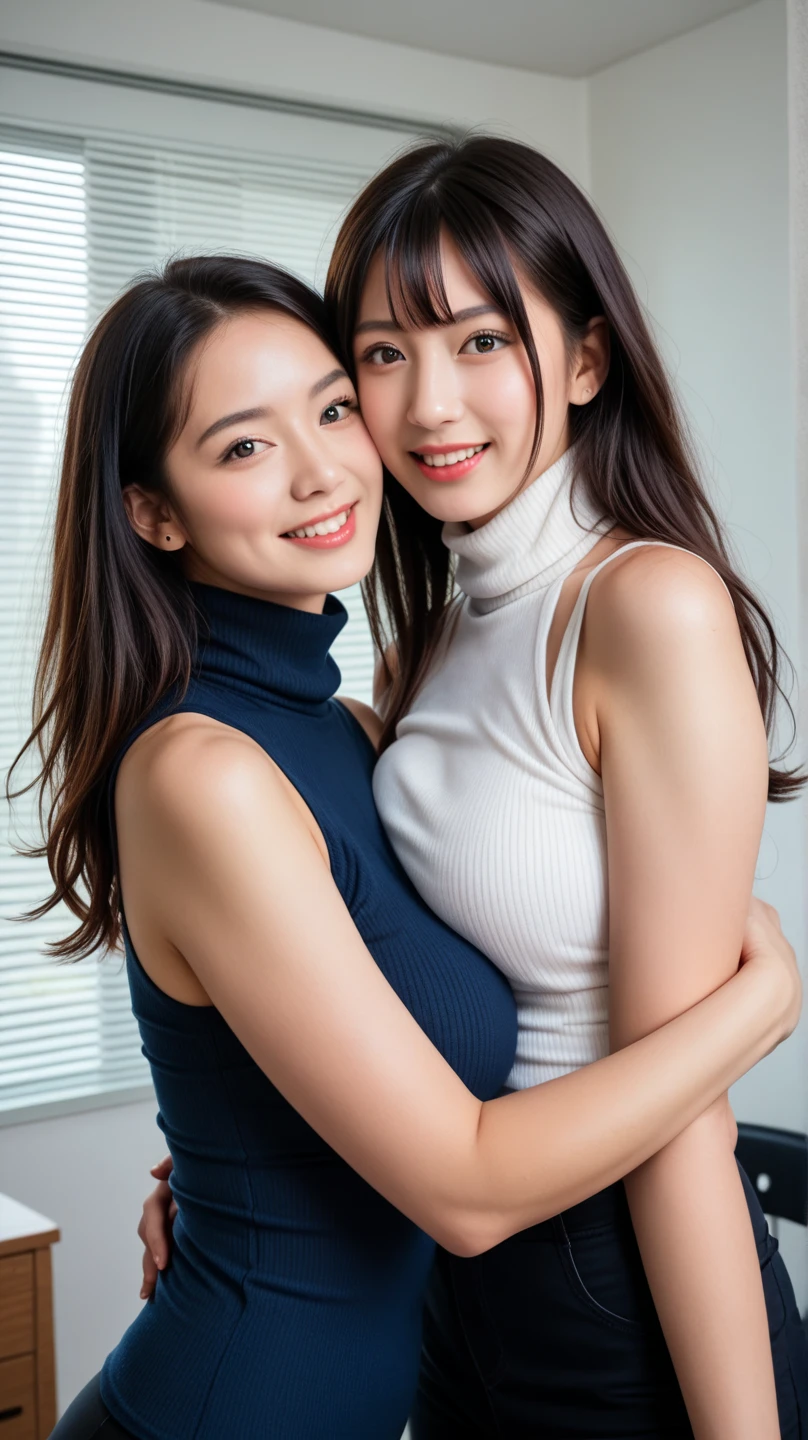 highest quality, masterpiece, Ultra-high resolution, realistic:1.3, solo:1.3, ((Clear Face)), cowboy shot:1.1, from front, leaning forward, (glowing skin), (looking at camera:1.3), (white Wrap top, black leather skirt), standing in room, leaning forward, (medium chest:1.3), long hair, smile, soft brightness
