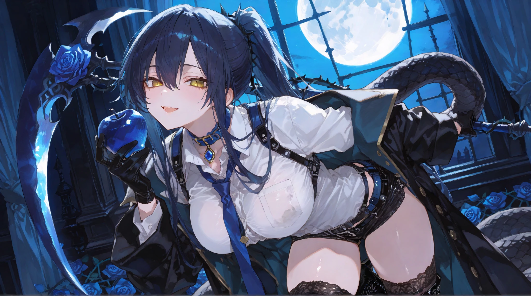 ((highest quality)), ((masterpiece)), (become familiar with), NSFW, perfect hands, long black hair with blue colored inner hair, big breasts, pretty girl, smile, shy, (sexy silver dress : 1.5), Are standing, City of night,