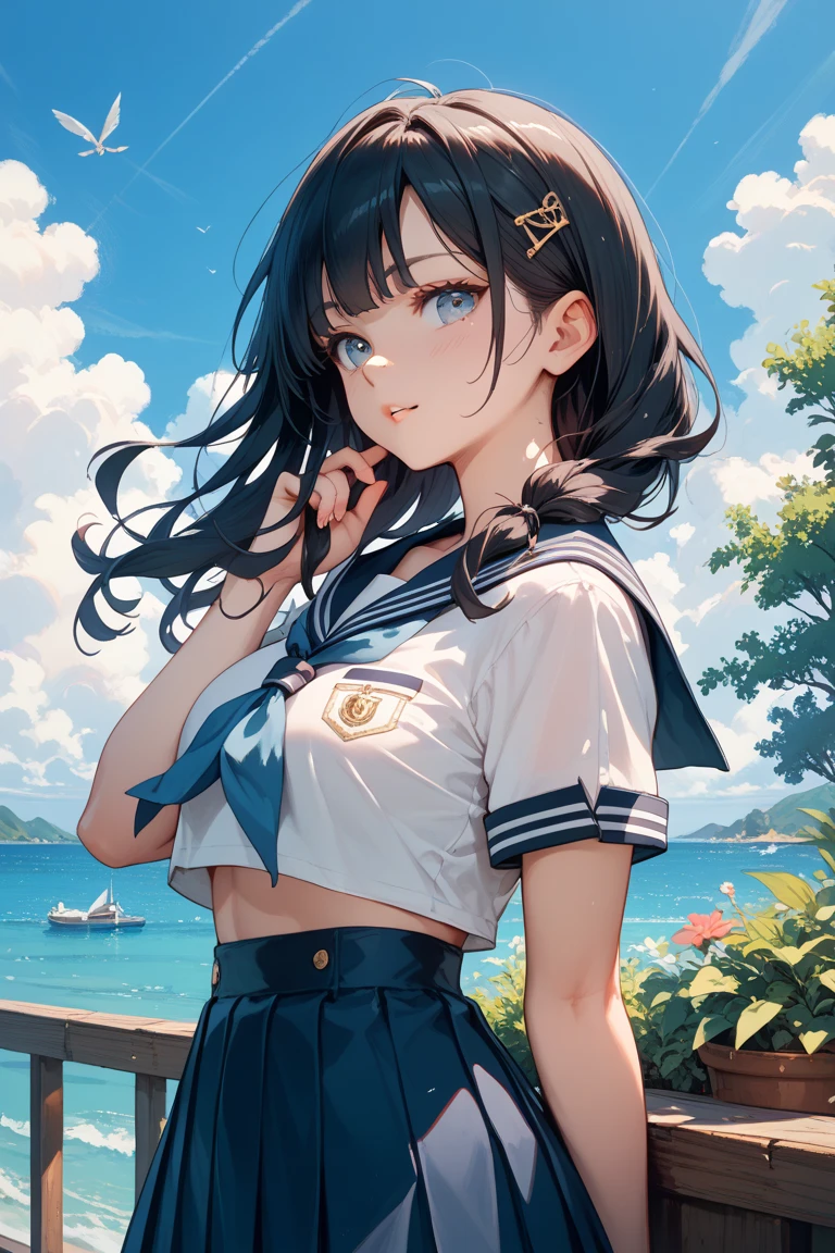 ((panty shot)),((lifting skirt)),((white panties focus)),(low angle,from below),((masterpiece, highest resolution,best quality)), (beautiful illustration), ((semi long beautiful black hair,blunt bangs,pony tail,beautiful eyes)),(solo),(elegant swimsuit, Japanese high ,sailor,mini skirt),(looking at the viewer), (bathing in the sea),(innocent cute laugh,teeth), (cinematic lighting),beach, sand, blue sky, waves, coconut tree,fish,boat,sea gull,