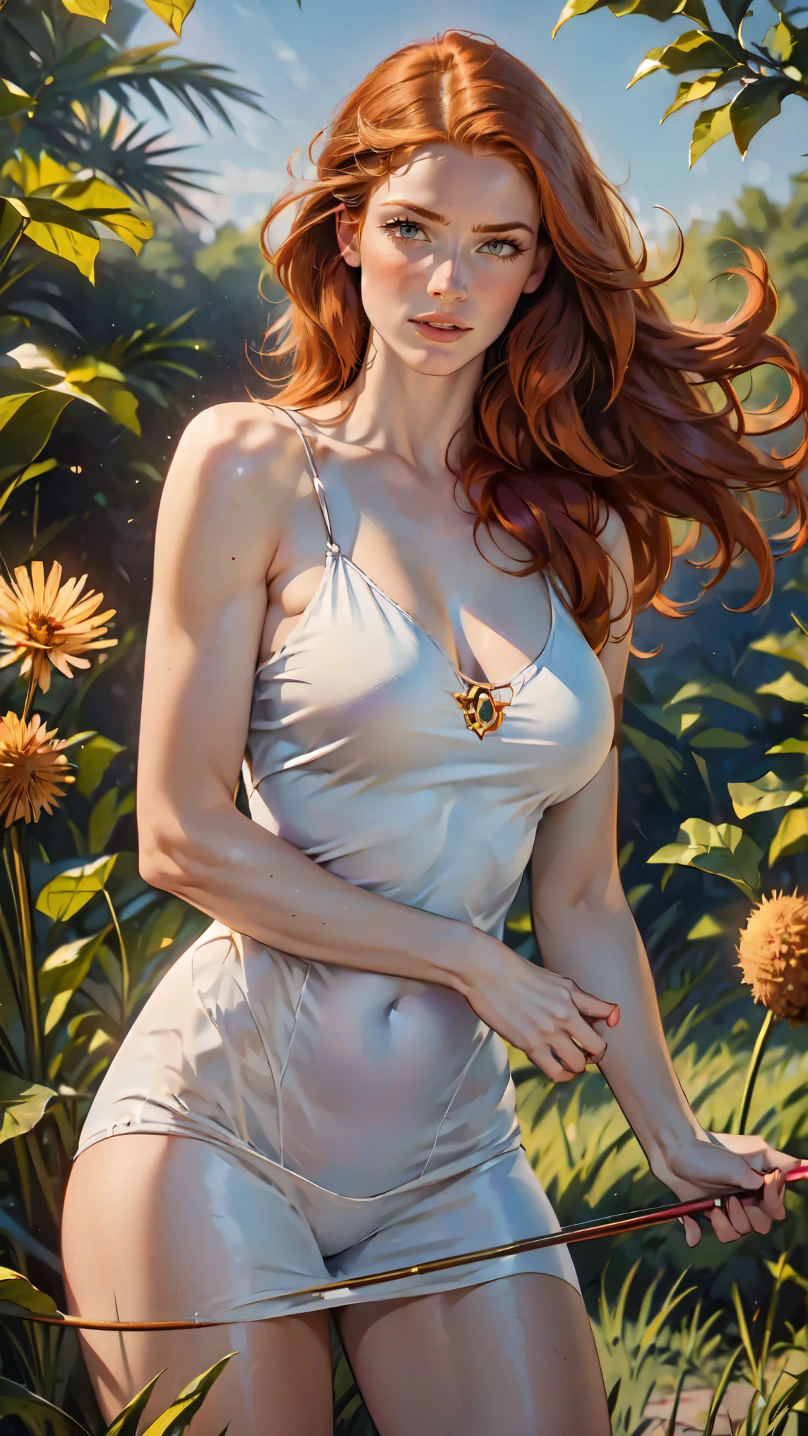 (oil painting:1.1), ((amber heard)), ((starfire)), dc comics, red hair, (orange skin), a woman with long orange hair and white flowers in her hair is laying down in a field of white flowers, (a detailed painting:0.353), (gothic art:0.106), slendered abs, beautiful details