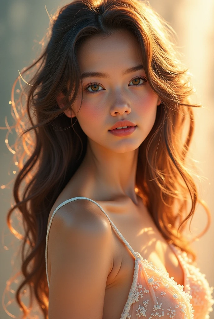 (highest quality), (super detailed), (illustration), (detailed light), (very delicate and beautiful), 1 young girl, Beige hair, brown eyes, model, bare shoulders, Full body reflection,highest quality, Highly detailed CG integrated 8k wallpaper, High-definition RAW color photo, professional photos, (((Bokeh))), Depth of the bounds written, twilight, sunset,