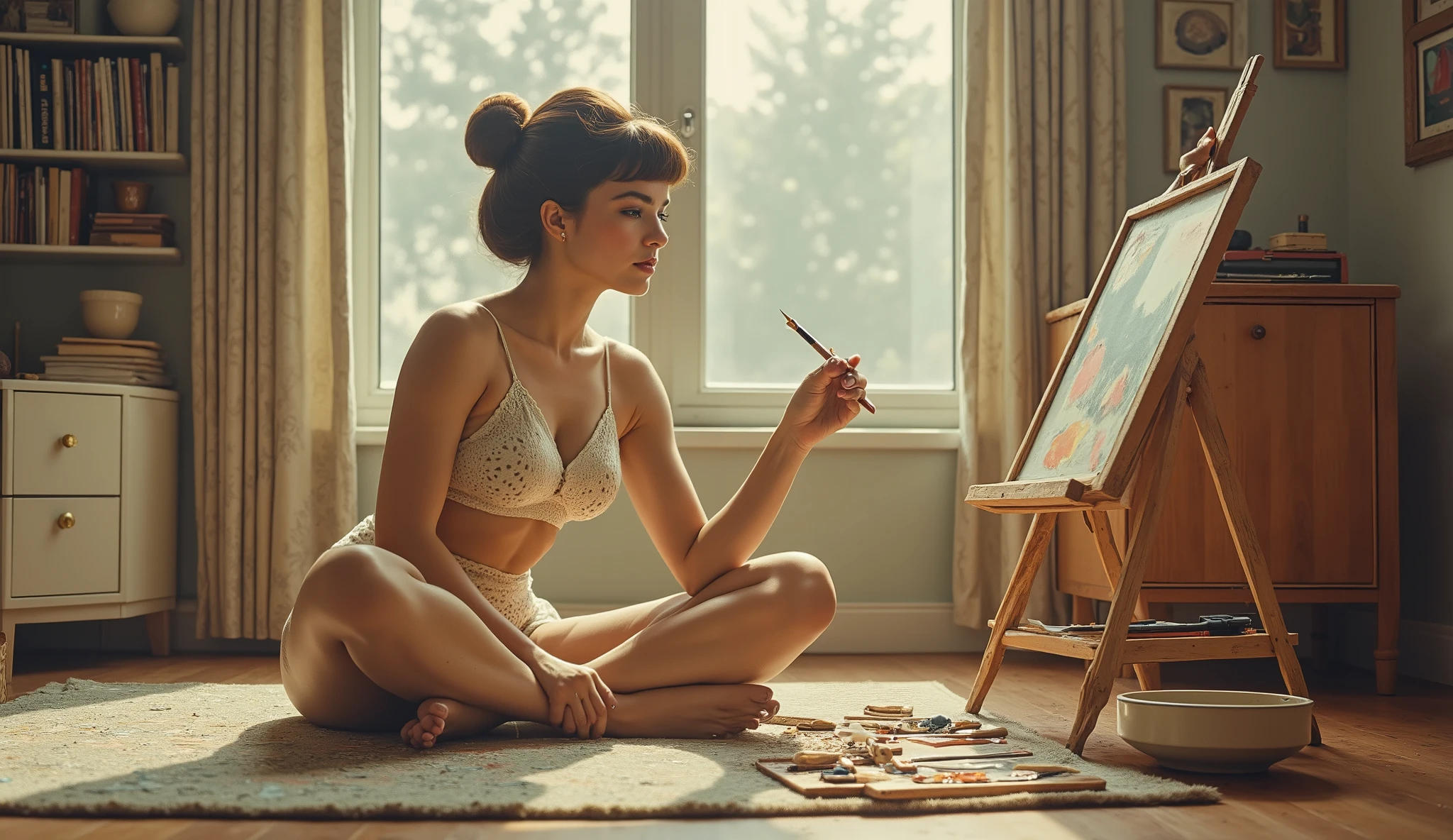 arafed woman sitting on the floor drawing on a canvas, model drawing, drawing, drawing, student artist, drawing on a canvas, drawing art, an artistic pose, drawing, 1 sexy girl in the studio, Milo ulыbaetsya, drawing come to life, in my art room with a window, sun rays from the window, oil paint, art drawing, portrait of a female student artist, Paiting, artistic drawing, high detail, soft light