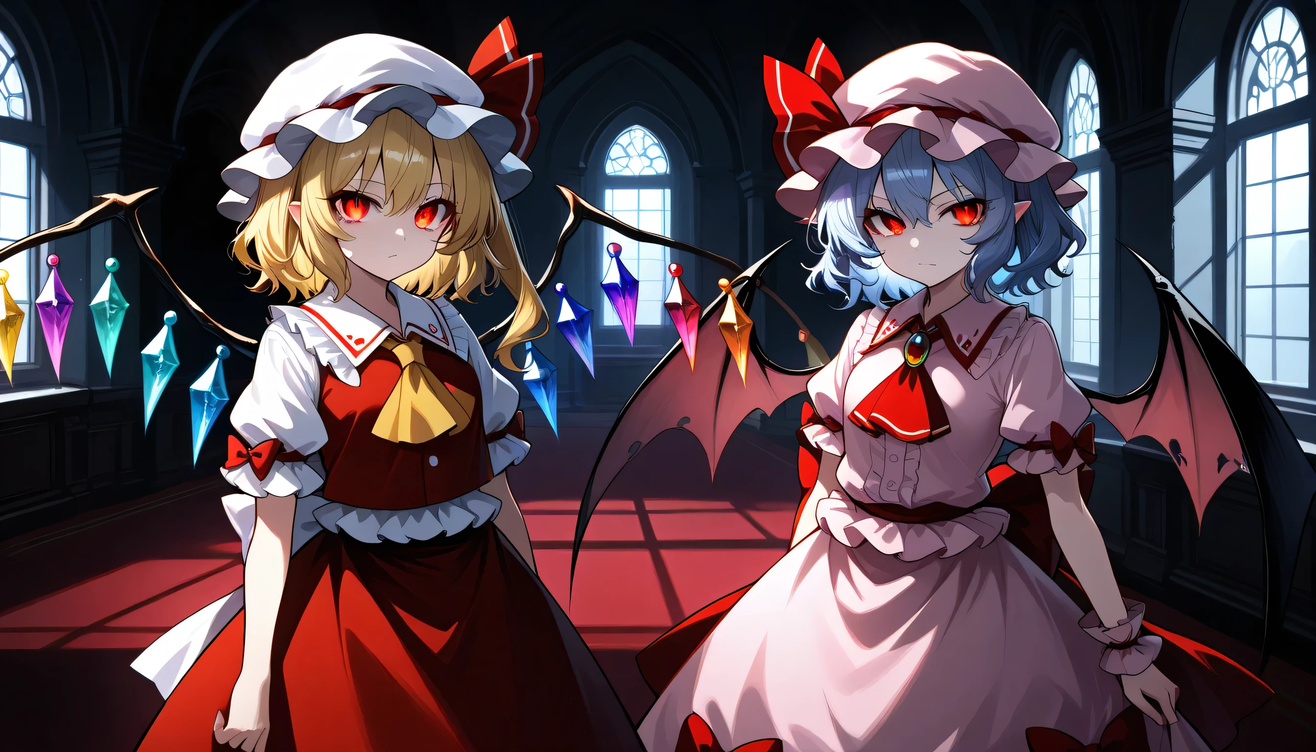 2girls, zzRemilia, red eyes, blue hair, short hair, hat, ribbon, wings, ascot, hat ribbon, pink dress, bat wings, short sleeves, frills, puffy sleeves, zzFlandre, red eyes, blonde hair, one side up, hair between eyes, wings, ascot, red skirt, hat ribbon, short sleeves, puffy sleeves, mob cap, red shirt, amazing masterpiece, top quality, high fashion, absurdres extremely, HDR, intricate details, vivid colors,Give your images flat even illumination (negative) or dramatic chiaroscuro lighting (positive). glowing eyes