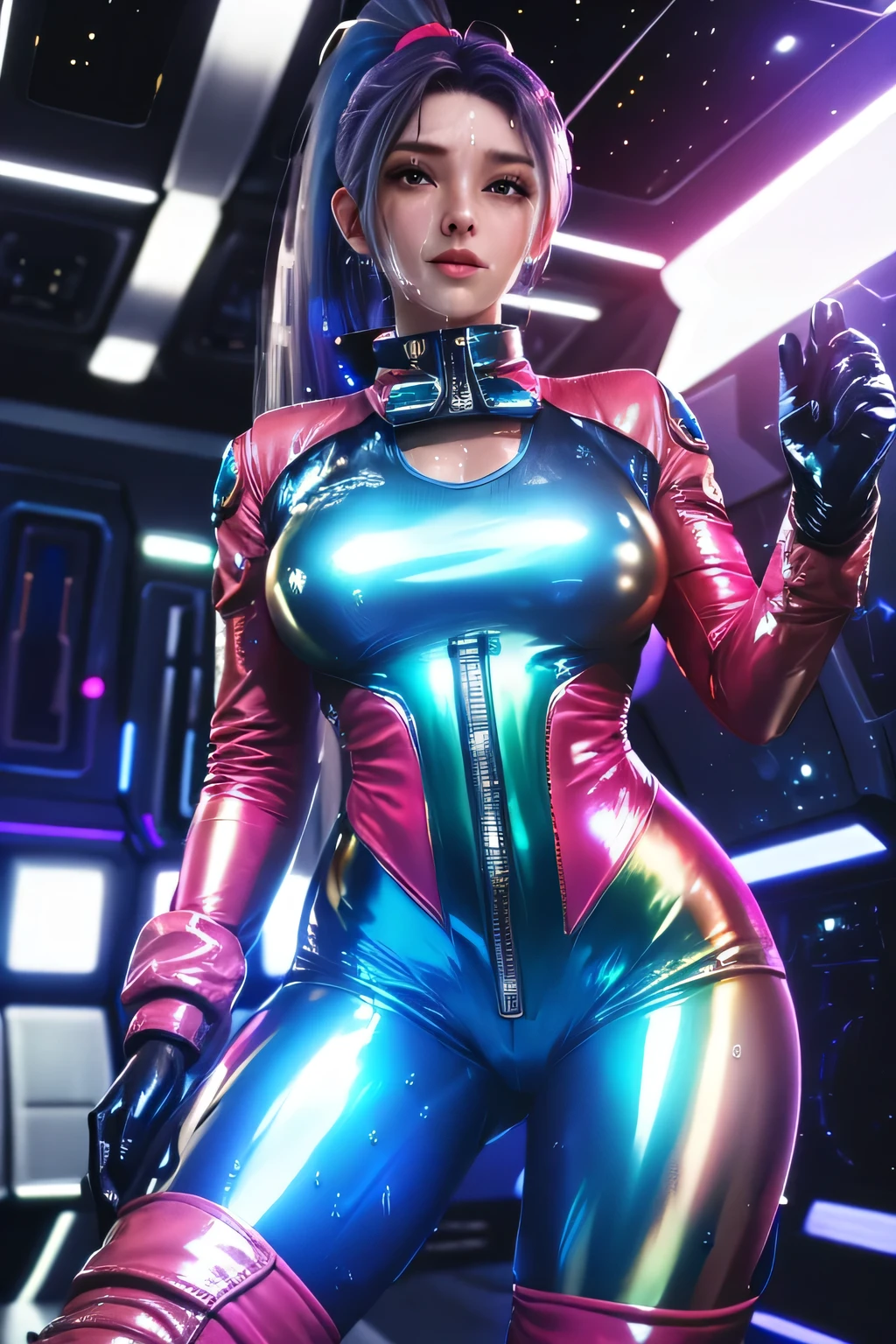 A futuristic cyber woman in circuit patterns on astronaut neon light suit ,high cut legs, bionic-mechanic body , beautiful breasts stands confidently in the center of a futuristic setting, with intricate details. wavy short pink hair, elegance pose, medium body shot, luminous glow a soft lighting, The background interstellar , creating a quatum sci-fi atmosphere.