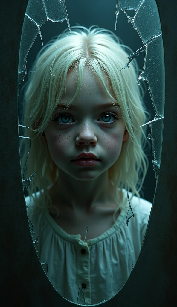 GIRL Russian child with 10 years, blonde long hair, closeup, in a black leather jacket, a closeup of a broken glass window with a black background, shattered glass, broken glass, broken glass ( (sun rays) ), glass breaking, vivid broken glass, a million shards of broken glass, photo of broken glass, shards of glass strewn about,  shards of glass, broken, cracked glass, sharp glass shards, composition of broken mirrors, broken mirror