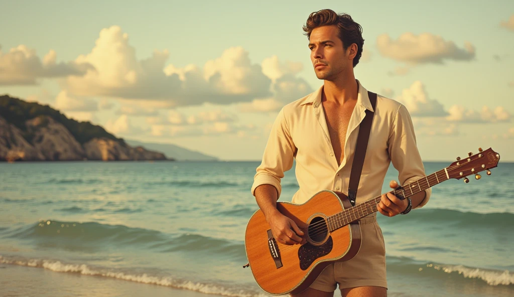 Handsome 25 year old man dressed in short, topless jeans. Playing the piano on a white sand beach. Hyper-detailed. Photorealistic. 8k. High quality
