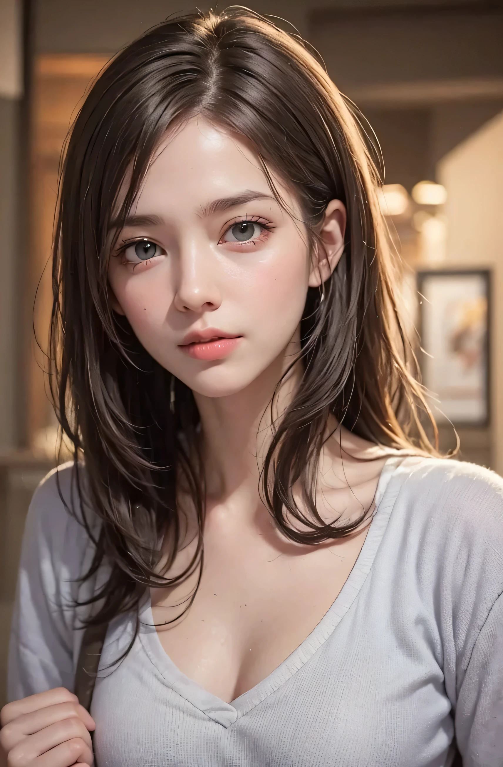 masterpiece, best quality, ultra-detailed, intricately detailed hyperdetailed, realistic, sharp features, highly detailed, sharp focus, perfect face, perfect face, perfect symmetrically perfect eyes, perfect full lips, flexible female form, cinematic, film light, hyper detailed, hyper realistic, high resolution, vibrant, dynamic studio lighting, ((Dark background)), Sexy face, Facial expressions when receiving pleasure, straight Bangs, Big breasts, Exposed cleavage, blue Eyes,black sweater, cowboy shot,