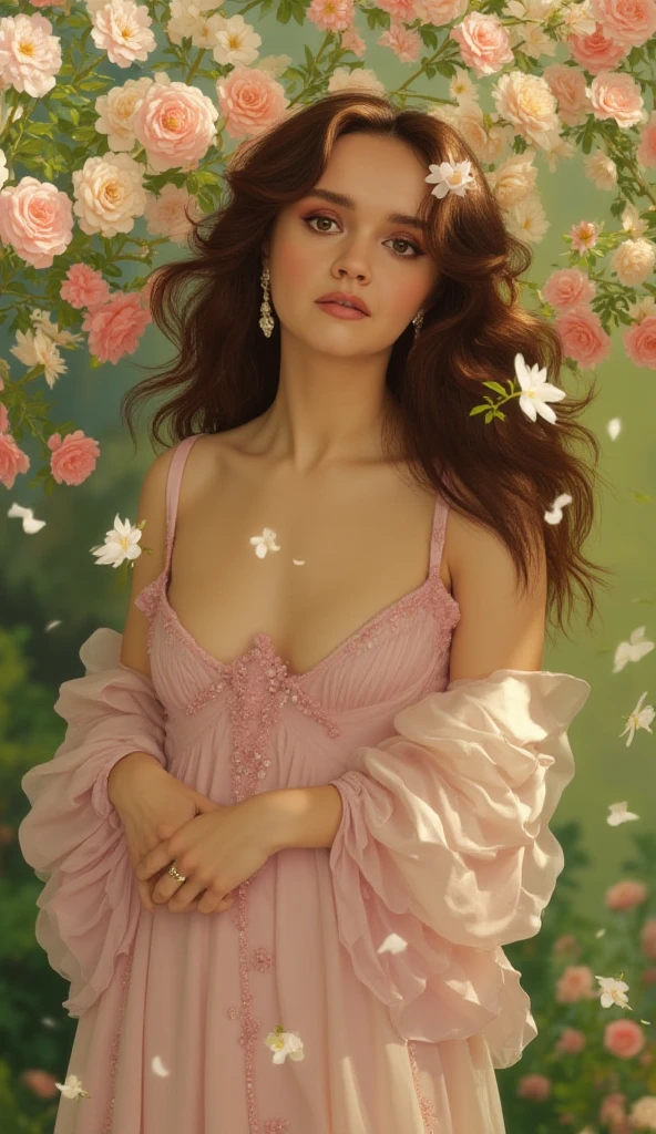 1girl, (Low Angle Shot:2), a beautiful girl in a garden, detailed face, detailed eyes, detailed lips, detailed nose, long eyelashes, elegant expression, flowing hair, (4k,8k,highres:1.2), ultra-detailed, natural lighting, warm color tones, impressionist style, cinematic lighting, masterpiece, best quality, very aesthetic, absurdres