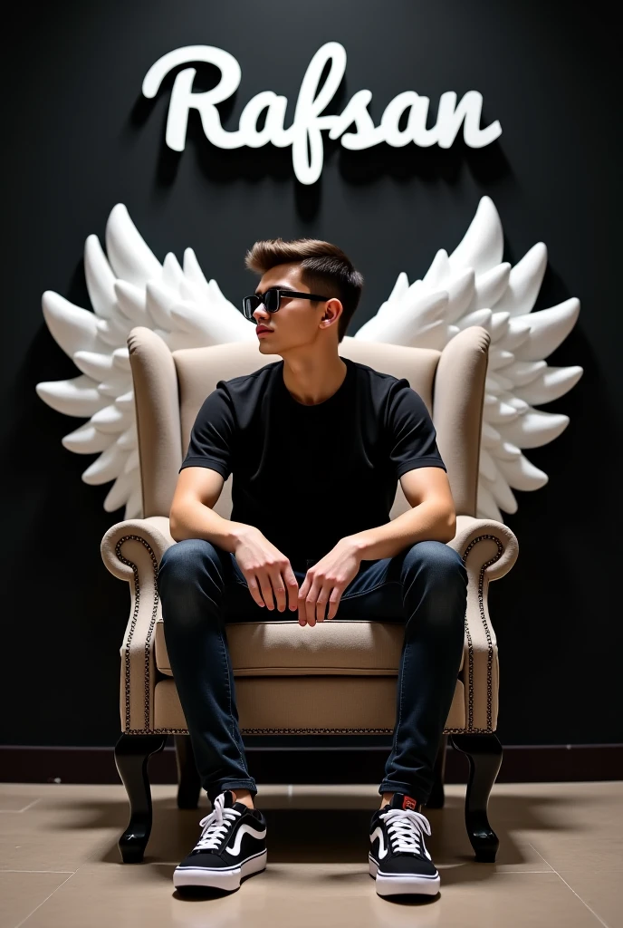 create realistic image A 21 year old Boy is sitting on a king chair with white wings and behind him the color of the wall is gray on which “GOD PRINCE” is written in curve style, sun glass