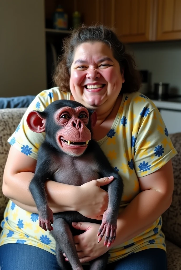 photo of a monkey with realistic human breasts, big ears, monkey face, monkey lips, ape