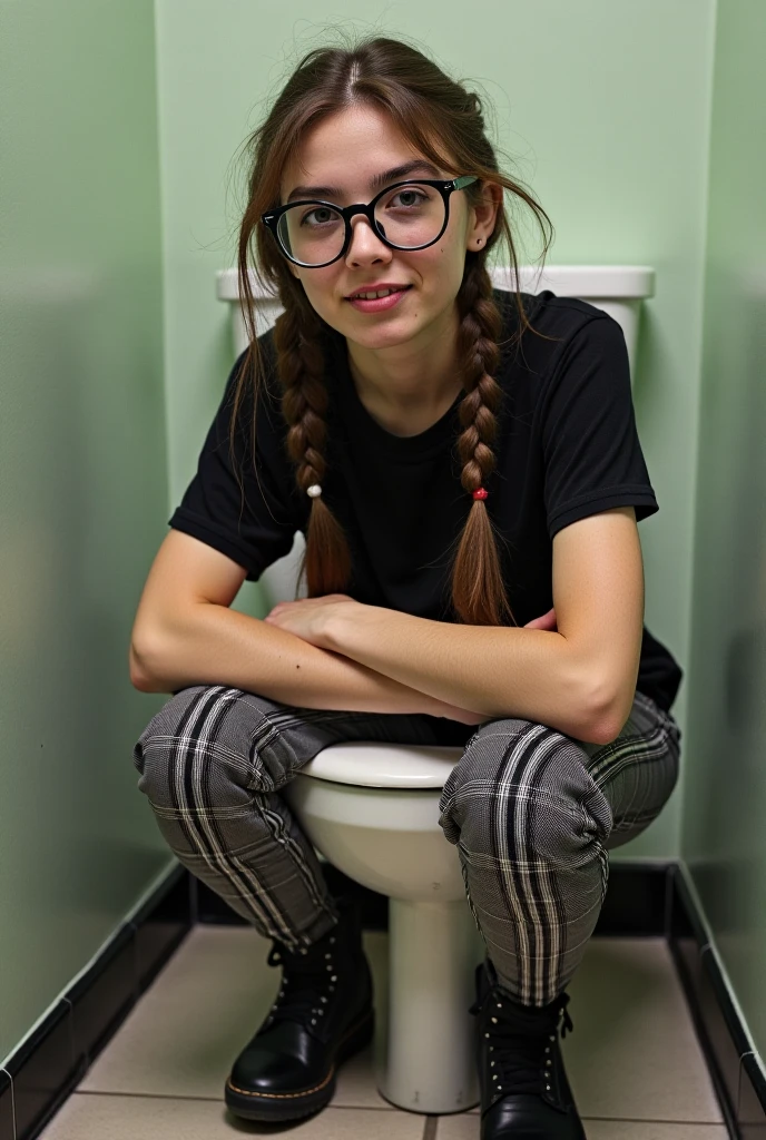 Pale skin ponytail hair Kurdish glasses teen in sitting toilet 