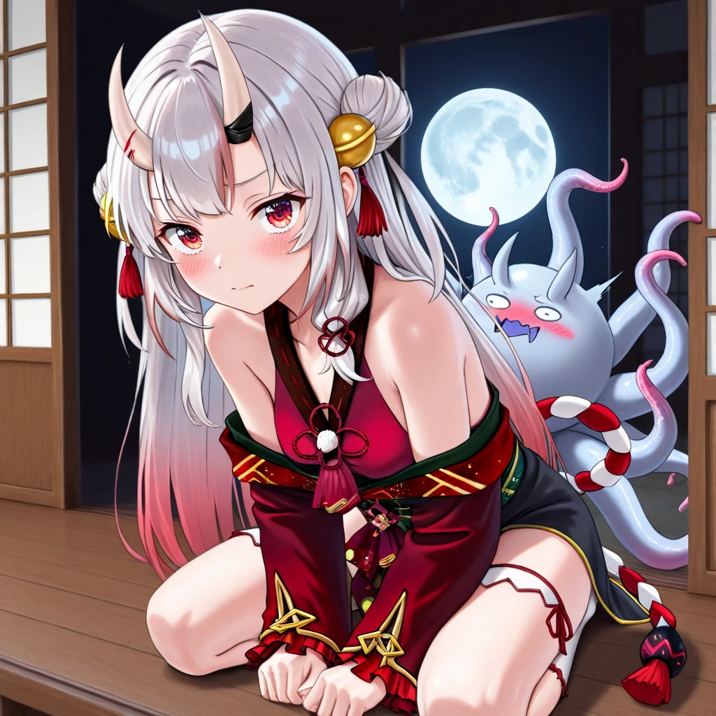 kiyohime, kiyohime, Gray Hair, Dragon Girl, dragon horn, horn,, (Red eyes:1.5),,Scruffy yukata,beautiful,Angle from the front,Sitting