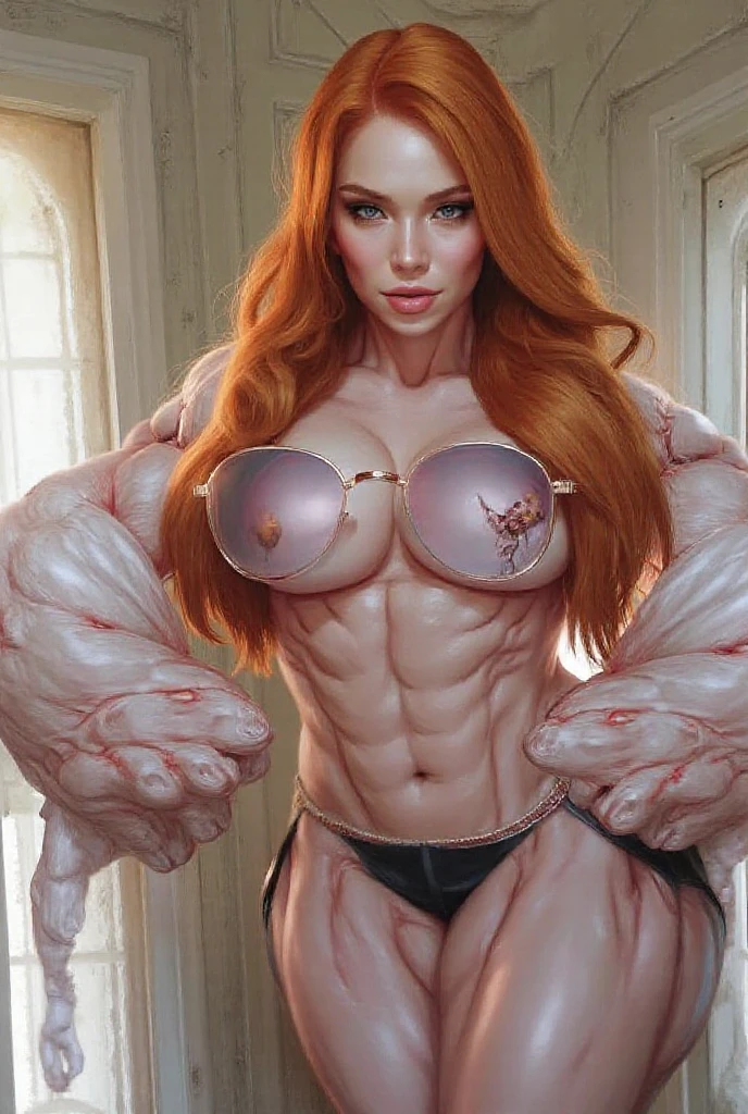 (8k, 4k, melhor qualidade, highres, ultra alta res:1.1), fundo de tela, (obra-prima, realista, foto-realista:1.1), great queen , sentada em seu trono , coroa de ouro e joias no cabelo, ((cabelo longo: 1.5)), ((ginger hair)), ((cabelo realista:1.0)) ,((sorriso:1.1)), ((olhos realistas insanamente detalhados)), olhos muito claros, red-lips, ((pele com pequenos pelos arrepiados de frio)), long eyeslashes, sobrancelha levantada, sombra, rosto grande ossudo, olhos grandes, fleshy lips, sem maquiagem ,(( detailed muscles)), topless , ((big tits, big quadril , barriga fitness)),