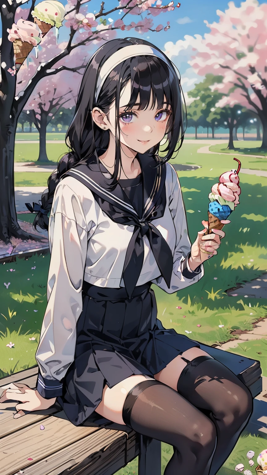 sailor suit, one woman, (beautiful woman in silya room), 8k, Best Quality, masterpiece, very detailed, Ultra High Resolution, realistic, RAW photo, absolute resolution, black hair, braided hair, small face compared to body under a tree with cherry blossoms, very small face, black hair, 紺色のsailor suit, navy blue skirt, animated 2D rendering, realistic若いアニメの女子高生, (White Headbands:1.4), small breasts, is tall, Slanted Eyes ,purple eyes, (black stockings:1.4), smile, Sitting under a cherry tree, (serve ice cream in hand:1.4),
