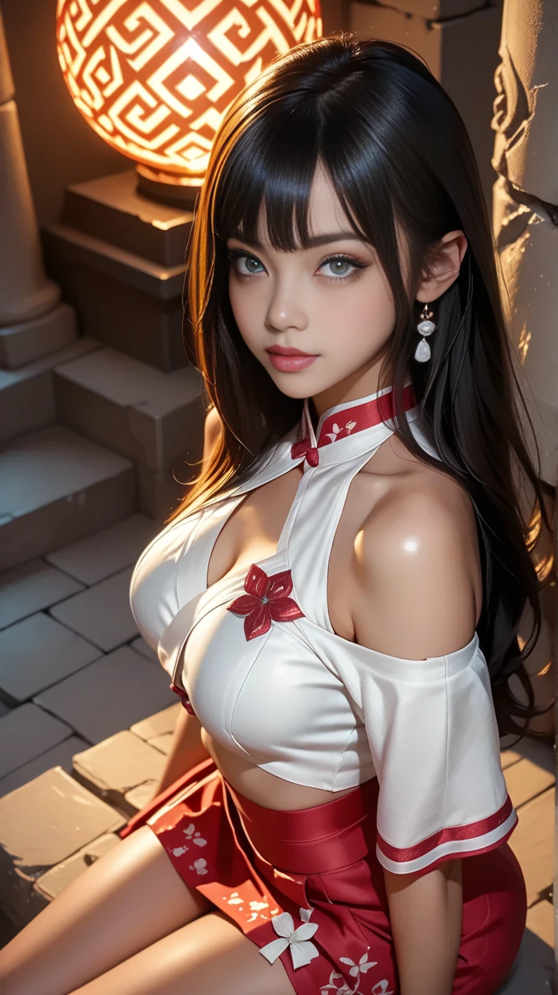 score_9, score_8_up, score_7_up, 16k, masterpiece, best quality, anatomically correct, realistic. yua, (Japanese girl:1.3), voluptuous, curvaceous and slim figure with perfect proportions, highly detailed face, fine texture, shiny fair skin, (sharp features and cute face:1.3), symmetrical eyes, breathtakingly beautiful girl. (Miko outfit with magical runes:1.4, mini skirt with magical runes:1.2, glowing runes) bare shoulders, bare legs. magical fire patterns, energy swirls, rune magic, elemental spirit. (From above), dynamic moon background, inside ruins, (Fantasy, Cinematic:1.2), mystical atmosphere, fantastic lighting, full shot.