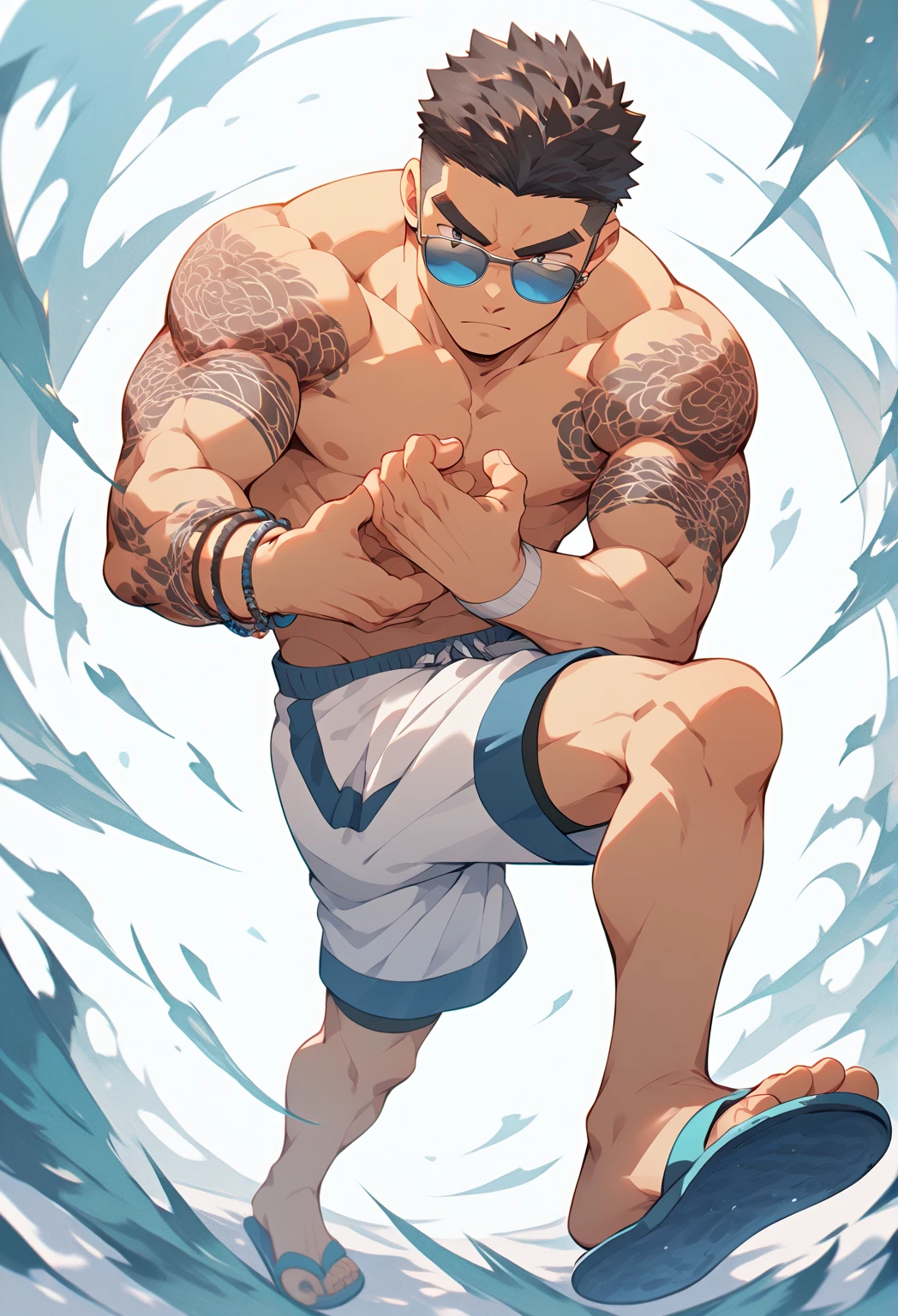 1 boy ，Libido boy，20yr old，Handsome，Muscular，Raised sexy，k hd， tmasterpiece，8K，White thong，Nudity all over，Bare topless，white short sockassive bulge，A sexy pose，Trembling，full-body view