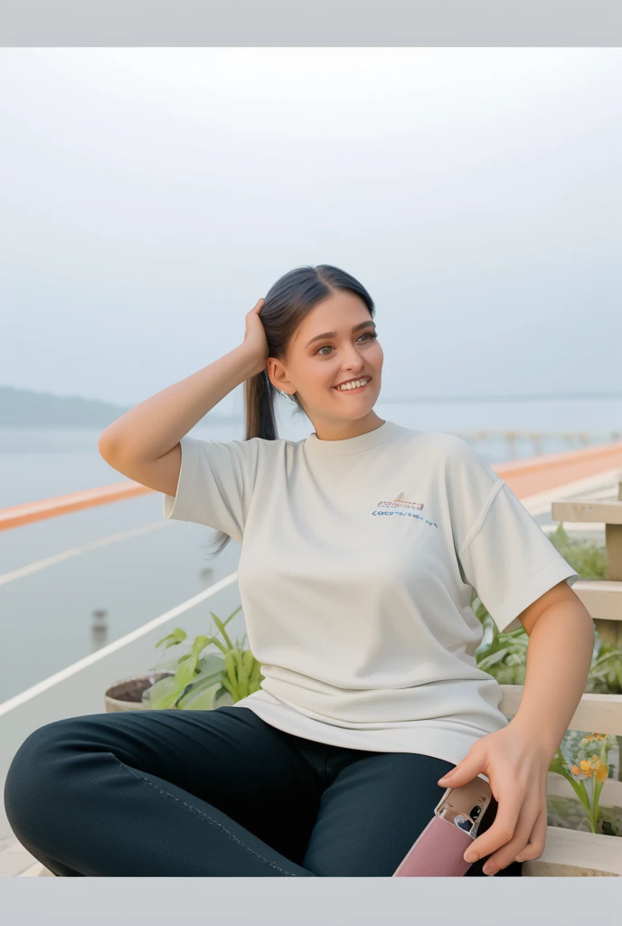 masterpiece, best quality, Surreal, Ultra Detailed, 8k resolution, RAW photos, Clear focus, (A girl in the forest), ((navy blue shirt:1.1)), Short sleeve, Long sweatpants,Full body posture, Solitary, Perfect body, Become a, 32 inches in the chest,(a charming smile:1), (sexy pose),26 years old, light,White shoes
