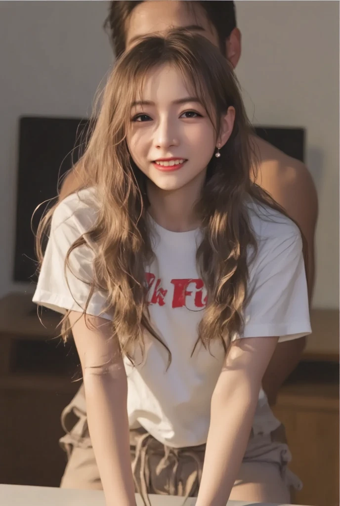 ((Highest quality, 8k)), ((masterpiece)), (Highest Resolution), Perfect Face, Fox Woman, Female college student, Beautiful woman, Outdoor, Only one tail, she has thick thighs, Her large tail, She has an orange fox tail, She wags her tail, Smiling with teeth showing, Fur collar, She's wearing a shirt and a short skirt., Plump Breasts, Beautiful Hips , A fox tail sticks out from the skirt.