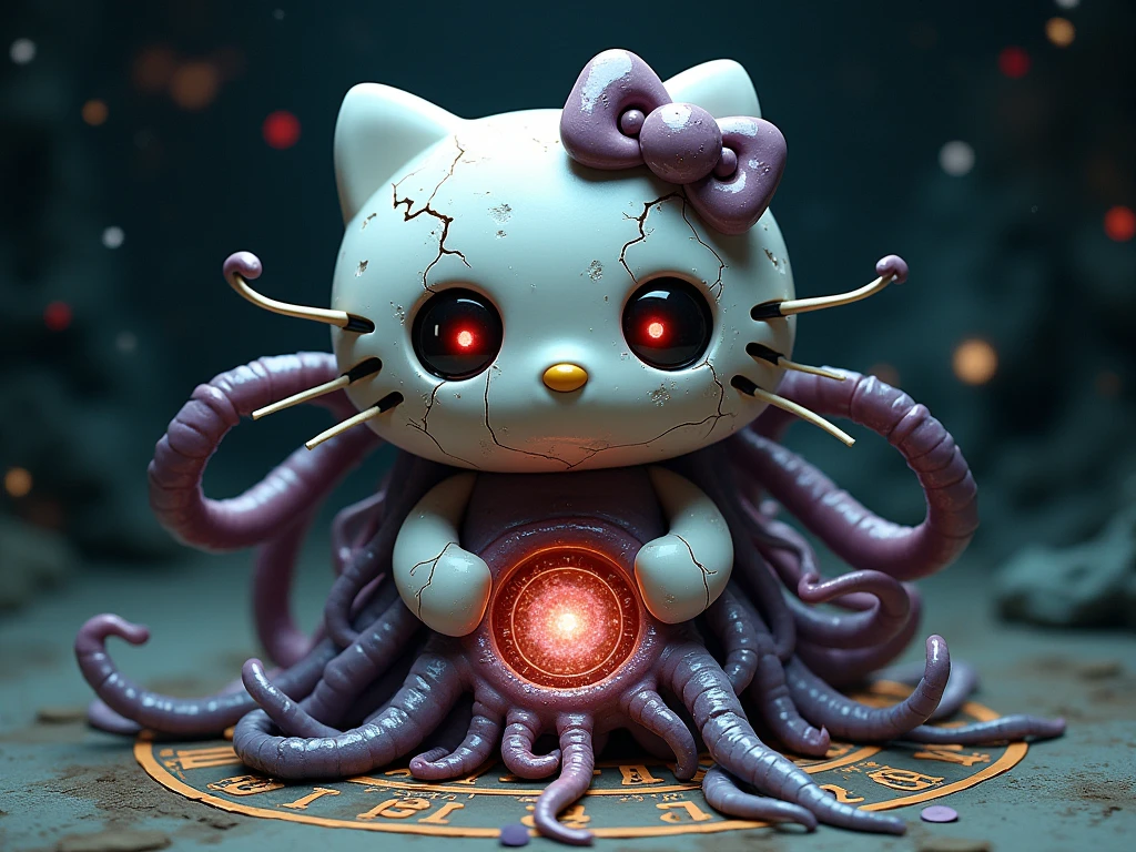 Hello Kitty merged with a cosmic entity. Her face is a porcelain mask with cracks, and behind it emerge viscous tentacles with multiple eyes. Her bow is an interdimensional portal that absorbs light. Background with a starry sky and arcane symbols on the floor.