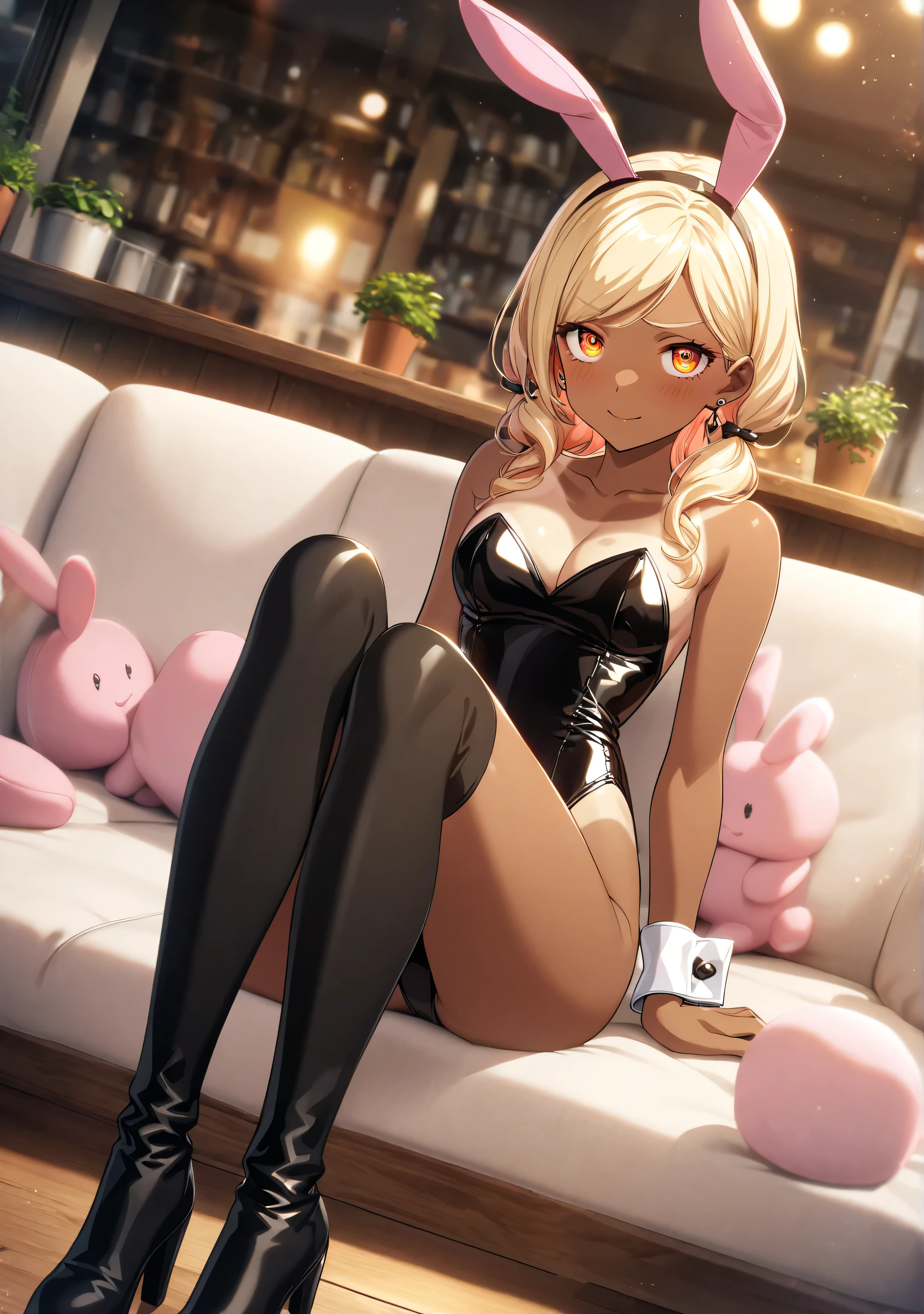 One girl, (Luna), Blonde, Folded ponytail, Side Lock, Yellow Eyes, smile, medium breasts, (black playboy bunny), (black fake rabbit ears), (black pantyhose), (black high-heels), squatting, spread legs, (from below: 1.3), cowboy shot, indoor, cafe,