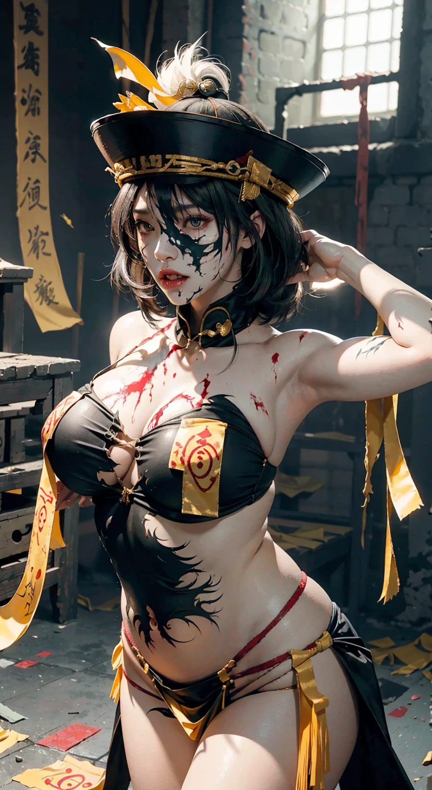 RAW, masterpiece, super fine photo, best quality, super high resolution, realistic, sunlight, a beautiful woman with yellow rune paper on her face, a lot of Taoist rune paper on her body, Qing dynasty official uniform, white bandages with blood stains wrapped around her body, female zombie, Hong Kong Lin Zhengying zombie movie character, pale skin, fair skin, vampire teeth, amazing beauty, dynamic pose, delicate face, abandoned warehouse background, messy, gorgeous, high detail skin, realistic skin details, sharp focus, volumetric light, 8k UHD, DSLR, high quality, film grain, realism