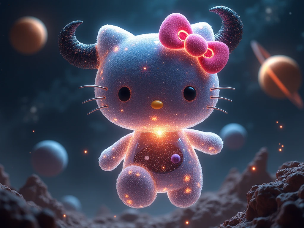 Hello Kitty merged with a cosmic entity. Her face is a porcelain mask with cracks, and behind it emerge viscous tentacles with multiple eyes. Her bow is an interdimensional portal that absorbs light. Background with a starry sky and arcane symbols on the floor.