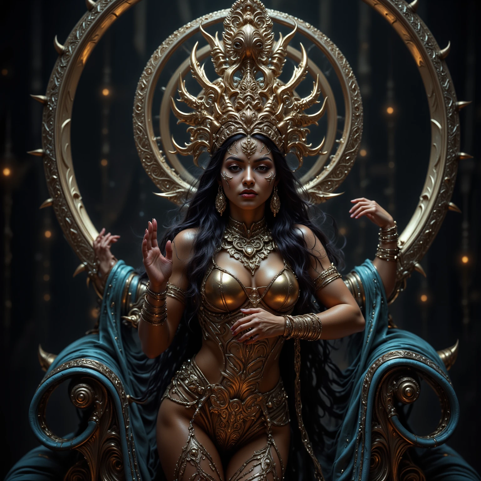 (8k RAW photo, hyper realistic, masterpiece, best quality, crisp detail, high definition, high detail, very rich detail, sharp focus, sharp detail, colorful, rich color, cinematic, perfect studio lighting, full body photograph, mystic atmosphere), (((bare naked, fully nude, clearly visible pussy, clearly visible nipples))), (a young colorfull mischief goddess, very long smooth straight haired, dark haired), (arrousing, temptating viewer, open legs, spreading legs, want to have sex, moaning, masturbating), (seductive, sensual, sexual pose, in a golden joker temple, sorrounded by naked female jokers)
