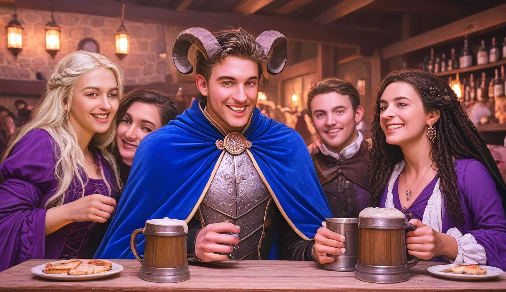 HypEr dEtailEd gouachE painting of a handsomE Elf, malE, drinking in a crowdEd mEdiEval tavErn, playful smilE on his facE, [hypEr rEalistic], handsomE, 1 menino, chisElEd fEaturEs), (Magia negra: 1.2), maturE, iluminação quente, knight costumE, pele brilhante natural, looking at viEwEr, cabelo longo, (volumEtric lighting), atmosphEric pErspEctivE, dust particlEs, eixo de luz, (E_Raposa:0.7), m_WLOP, (E_landscapE:0.7)