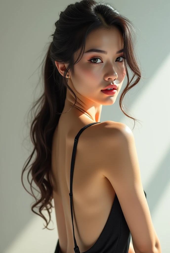 (8k, RAW photo, best quality, masterpiece:1.2), (realistic, photo-realistic:1.37), ultra-detailed, best quality, masterpiece, ultra high res, (photorealistic:1.4), RAW photo,(Back shot, Ass, Butt up:1.3), 1girl,makeup,(lipstick:1.1),(eyeliner:1.2),mascara, eyeshadow, glamor, large breasts, blonde hair and brown hair, short hair, straight hair, blunt bangs BREAK (luster satin triangle black bikini),(A view of the cityscape and the hustle and bustle of people from a café's outdoor terrace:1.3).((moonlight and night sky)),(butt up:1.2),