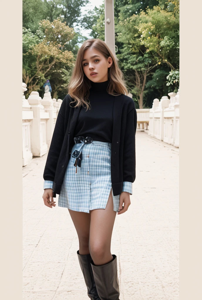 A teenage woman of 15 with blonde hair and brown eyes and white skin who looks like Tesa from After looking at the sky