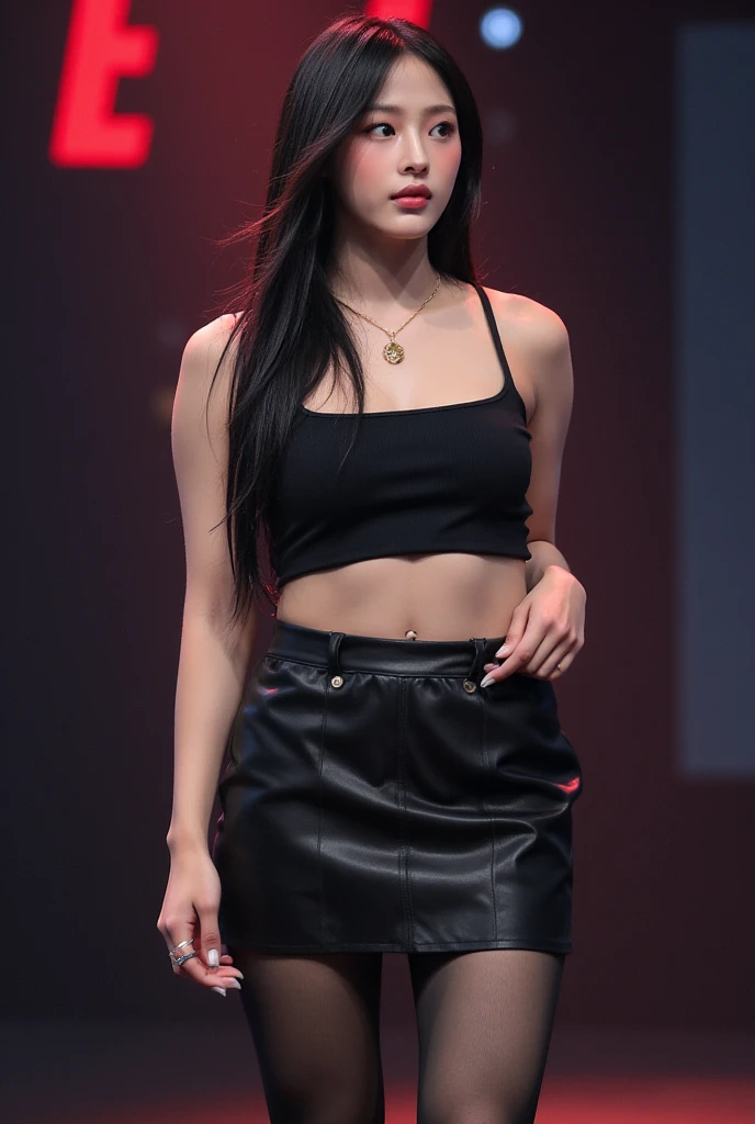 4k-ultra clear、highest quallity, work of art, ultra high resolution, (reality: 1.4),   de 16 anos, purples eyes, Off Shoulder Sweater Dresses, cinematic lighting、purple and black hair、(My girl、gothic makeup、mine makeup)、(Pierced Ears、breasts big、Oversized black t-shirt with open shoulders-dark skirt)、((dark make-up、greasy skin,shining skin、textura de pele realista、detailed beautiful skin、shining skin)), dark area of the city center at night、Kabukicho、dark cyberpunk、(Accurate shot:1.8)、fine legs、Thin arms、slim shoulders、Waist slender、slenderbody、breasts big、all-body