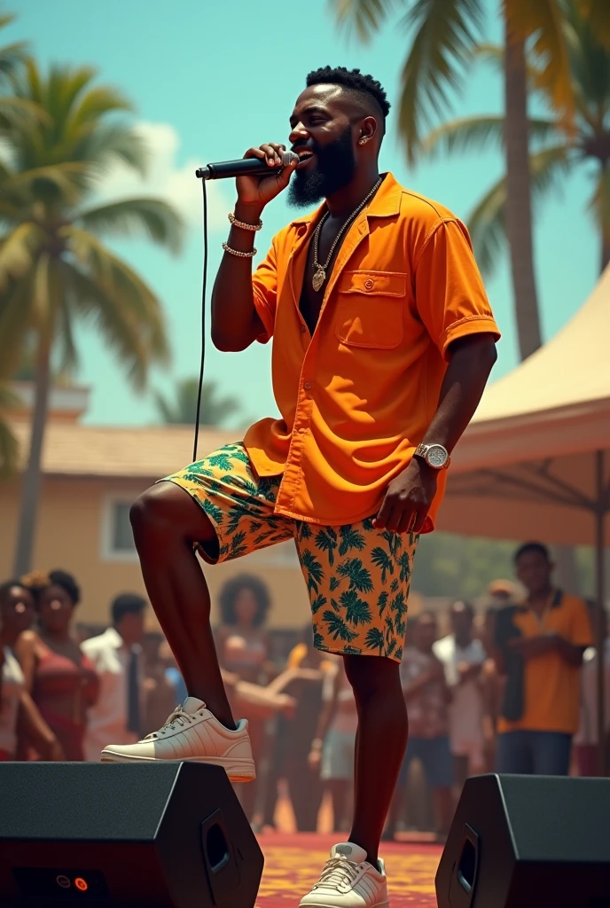 Full Body of a Caribbean Black Man with olive skin, without beard
Dancehall Music Singer, Blue Color bucket Hat, a blue shirt, taking a singing position with one microphone in his Hand,one feet on a woofer, against two soundsystem subwoofers as if he is singing in reality, People are watching him, summer clothes, bokeh background, caribbean outdoors background, attire,3D effect through expert shading, smooth textures, vivid colors, Hourglass Shape,16k, digital art
