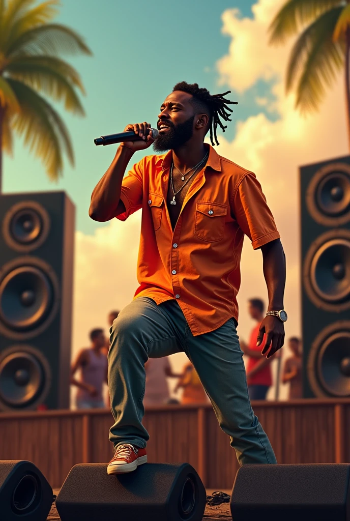 Full Body of a Realistic Caribbean Black Man with haircut inspired by flora with olive skin,
Dancehall Music Singer, Blue Color bucket Hat, a blue shirt, taking a singing position with one microphone in his Hand,one feet on a woofer, against two soundsystem subwoofers as if he is singing in reality, People are watching him, summer clothes, bokeh background, caribbean outdoors background, attire,3D effect through expert shading, smooth textures, vivid colors, Hourglass Shape,16k, digital art