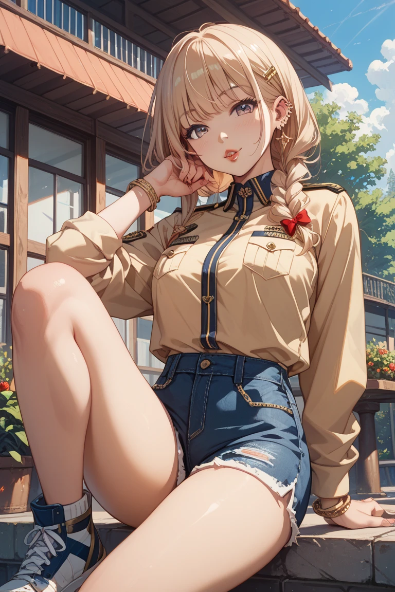 ((Biologically correct limb count))、(( whole body including face))、4K、Masterpiece、((Focus on the face))、((Symmetrical, well-proportioned facial features))、Eyes with delicate depictions、(((1 person)))、Beautiful woman、Outstanding style、Slender Body、、((Navy blue military uniform、shirt、Checked Skirt,(High heels with anklets)))、(((coastal)))、(Smiling and smiling)、(Close-up photo of the upper body)、High angle、Photos with a white border around them、night、