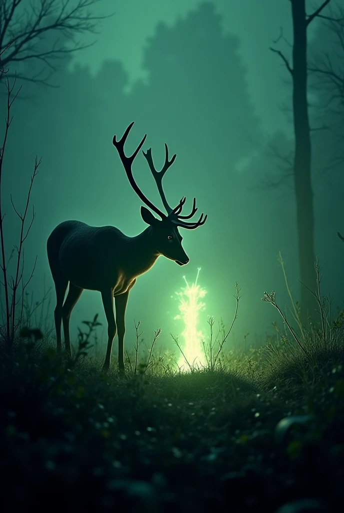 forest at night, blue tone, glowing antlers