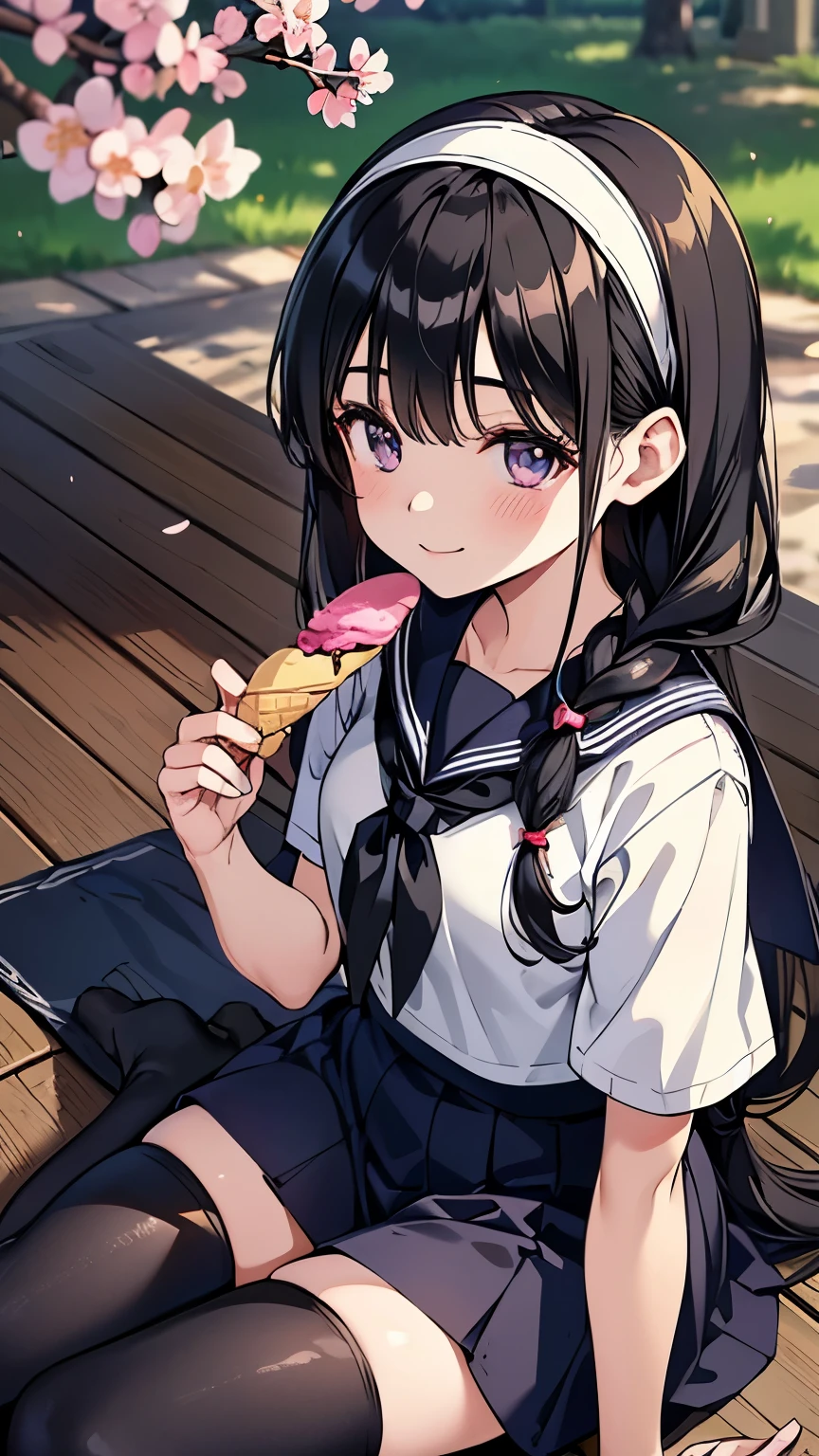 sailor suit, one woman, (beautiful woman in silya room), 8k, top quality, masterpiece, very detailed, Ultra High Resolution, realistic, RAW photo, absolute resolution, black hair, braided hair, small face compared to body under a tree with cherry blossoms, very small face, black hair, 紺色のsailor suit, navy blue skirt, animated 2D rendering, realistic若いアニメの女子高生, (White Headbands:1.4), small breasts, is tall, Slanted Eyes ,purple eyes, (black stockings:1.4), smile, Sitting under a cherry tree, (serve ice cream in hand:1.4),