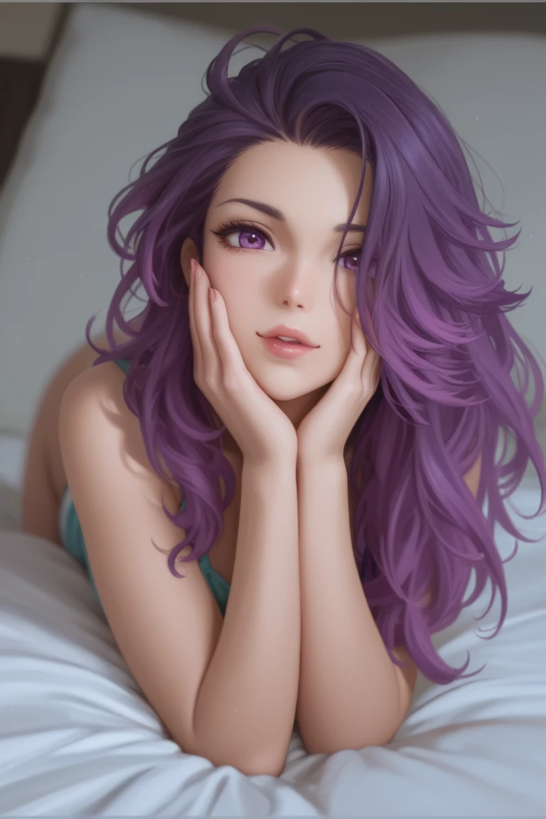 Mulher morena, pele escura, dark skin, purple eyes with shades of purple, rosy lips, cabelo roxo escuro ondulado com mechas rosas, smiling seductive expression, corpo definido e sexy, semi nua, toalha molhada e salto alto preto, sexy, ousado, cama luxuosa em quarto de motel