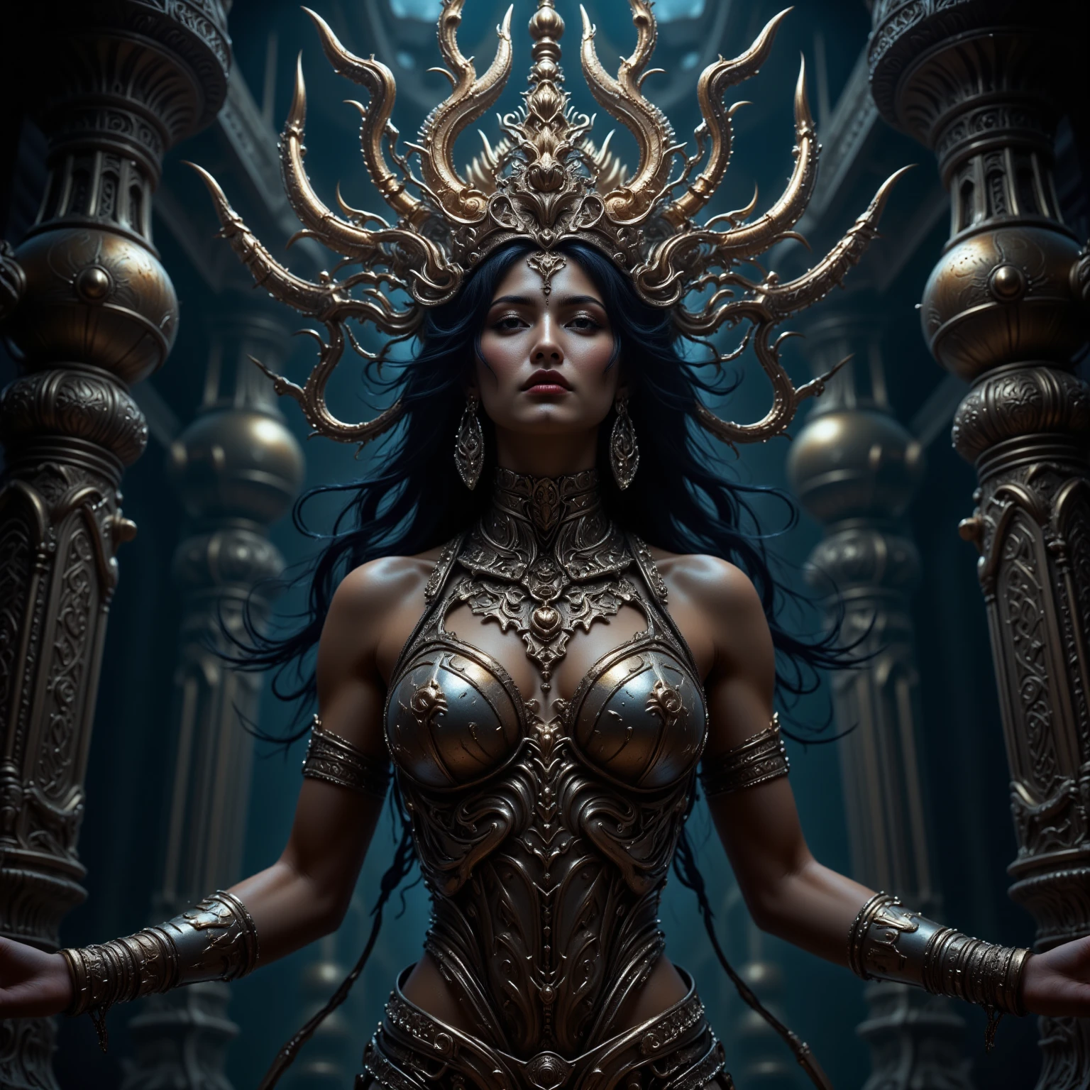 a woman in a bikini in front of a giant structure, Greg Rutkowski e H R Giger, hora giger. 8k, humanoid flora, Epic 3D Yemaya, quadro do filme Prometeu, escultura em argila cgi, unreal engine rendering + uma deusa, the best on sociedade cg, necro iii, sociedade cg )  