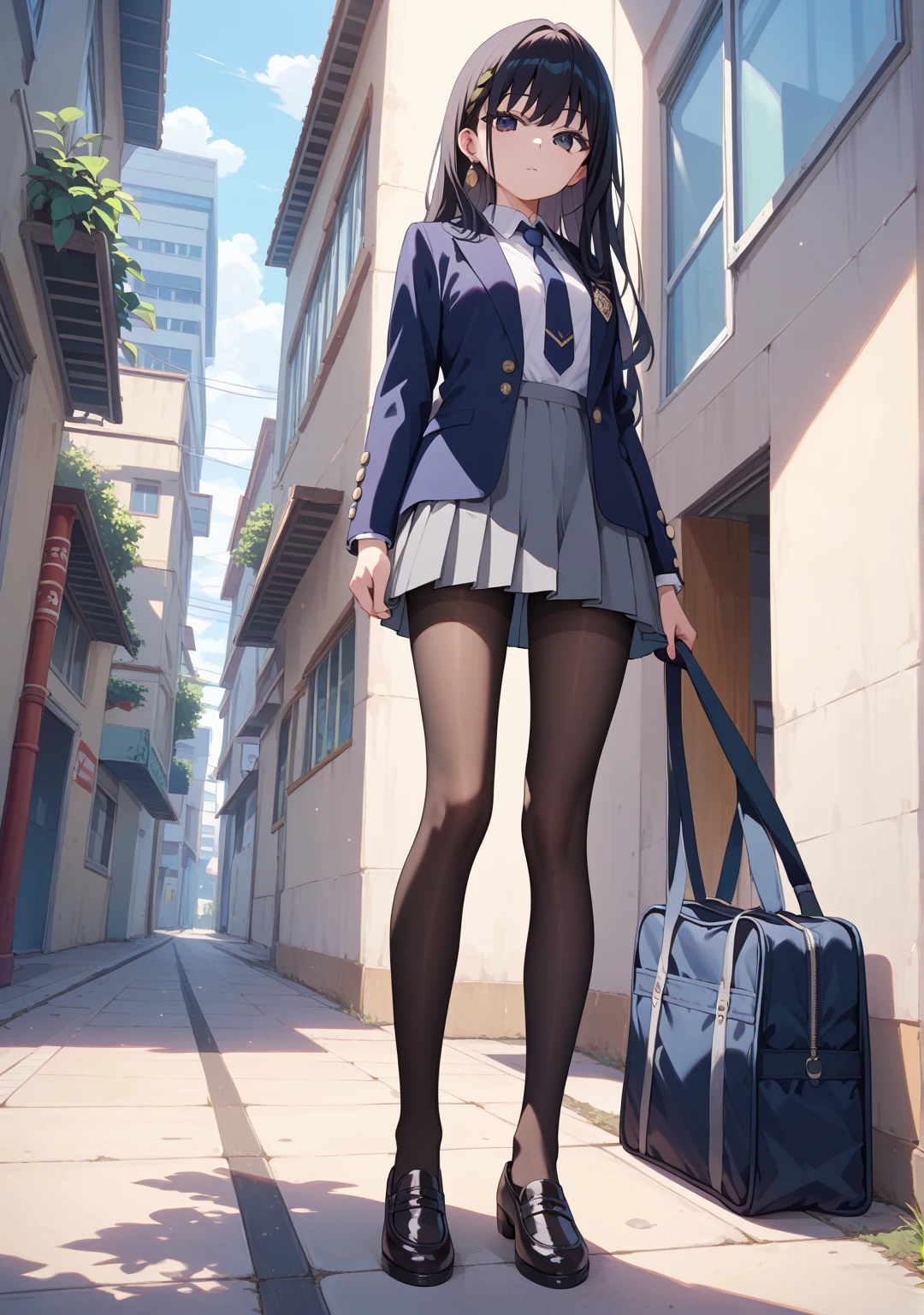 Elegant woman standing on sidewalk, hands ruffling hair, sexy pose, handbag, wearing blue shirt and white suit, ((black stockings)), city street fashion, very beautiful legs, beautiful face, bust photo