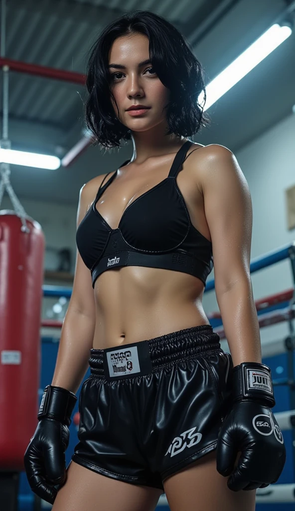 Looks like Kriti Sanon,slightly chubby,wearing black boxing gloves,black boxing gloves,boxing ring,sweaty,tired,exhausted,arms raised,both arms up,boxing gloves on both hands, intricate details,dark blue outfit,(ArtStation:1.2),armpits,sweat,sweaty,sweaty armpits,arms up,showing armpits,awesome armpits,eyeroll,blue outfit,blackish blue arm warmers,blue arm bands,blue black arm warmers