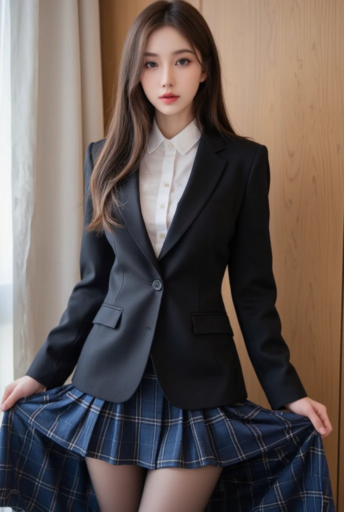 Schoolyard、Beautiful 1.5、White costume、((Turn around 1.5)、High School Girl Uniform 1.5、Fishnet tights、Garter Stockings、(Navy Blue Blazer Uniform、Women in 1.5)、Large Breasts、Nipples are erect、Open your mouth wide 1.2、A nice build of medium build、Red collar 1.5、Nice body 1.5))、I have long hair。。、Loose Curly Hair、Red Hair 1.5、Full Body Shot