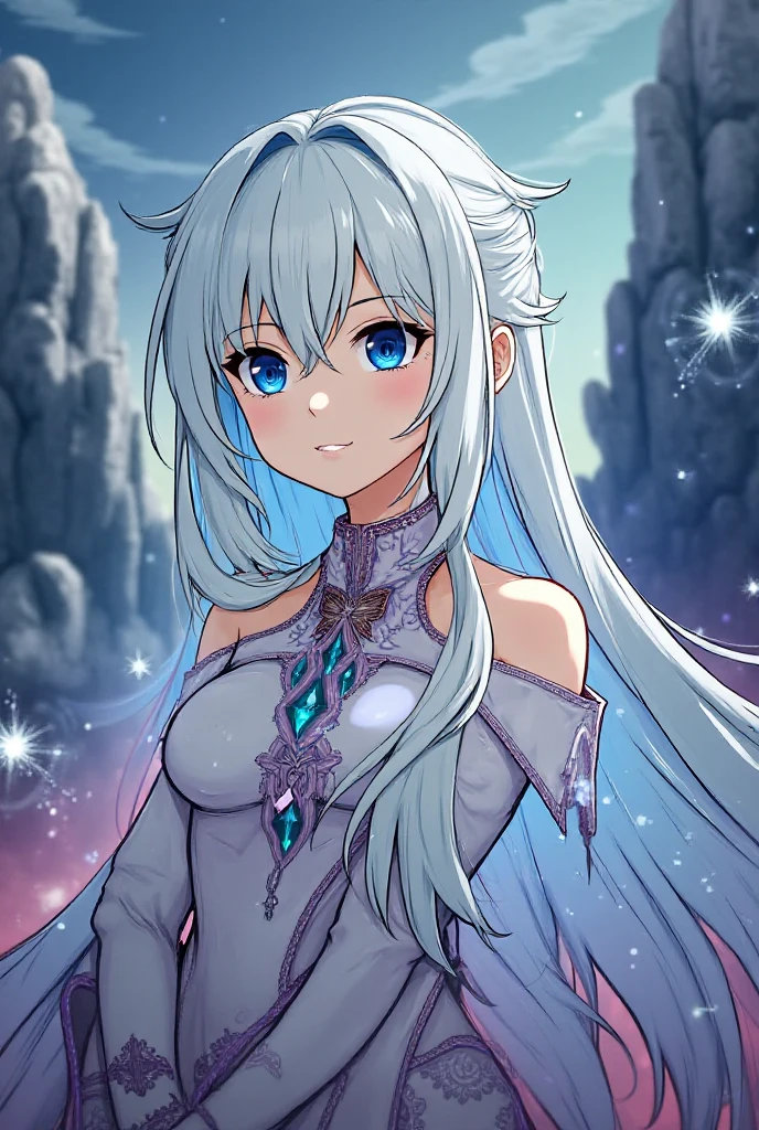 Sapha,long white hair, green eyes with star-shaped pupils, standing, smiling, upper body,
ice castle, outer space,
(insanely detailed, beautiful detailed face, masterpiece, best quality) <lora:SapphireRhodonite:0.7>