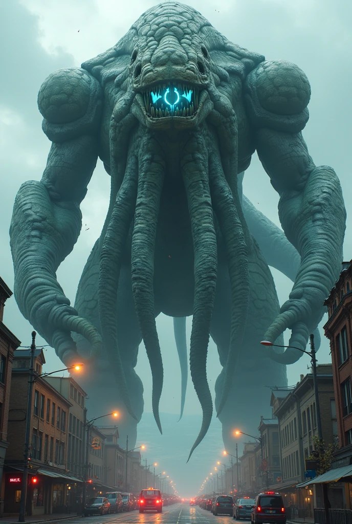 Absolutely massive alien titan towering over the city of London at night, panoramic shot, giant alien monster, incredible scale, arching over the cityscape, backlit by lightning, view from the side, attacking, complex character design, multiple arms, a tail, original character, rain, dramatic scene, cinematic, horror