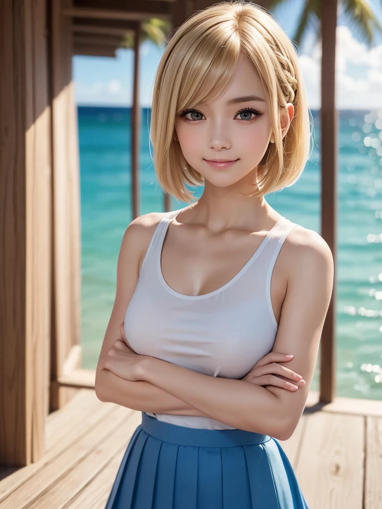 warm smile, pretty 1girl, absurdres, 8k uhd, platinum blonde hair, bob cut, medium breasts, black tshirt, denim shorts, garden background, flowers, magnolias, apple tree, close up portrait, brazos extendido, brazos ocultos, brazos atras